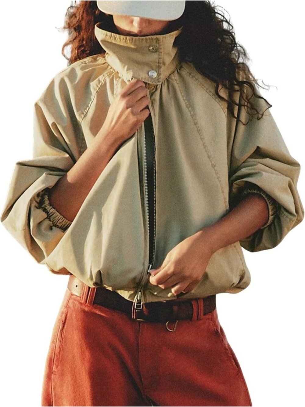 Women Khaki Funnel Neck Stand Collar Button Full Zip Oversized Fall Jackets